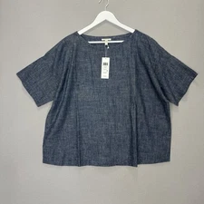 Eileen Fisher Ballet Neck Boxy Top Womens XL Blue Organic Hemp Cotton Chambray