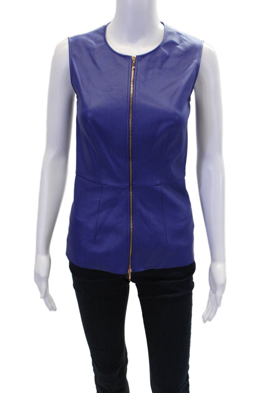 Cedric Charlier Womens Vegan Leather Zip Front Crew Neck Blouse Top Blue Size 4Free Shipping in US $100+ Orders | $6.95 Orders Below