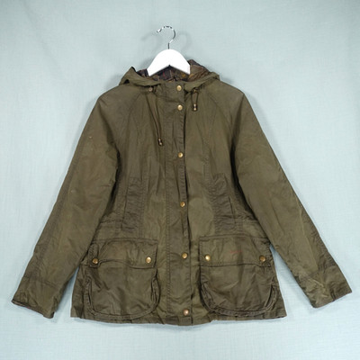 Vintage Barbour Jacke Damen 14 grün gewachst Flyweight Beadnell Parka Kapuze Country