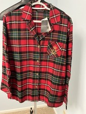 New Lauren Ralph Lauren Red Plaid Cotton Button Front Pajama Top Women's Small