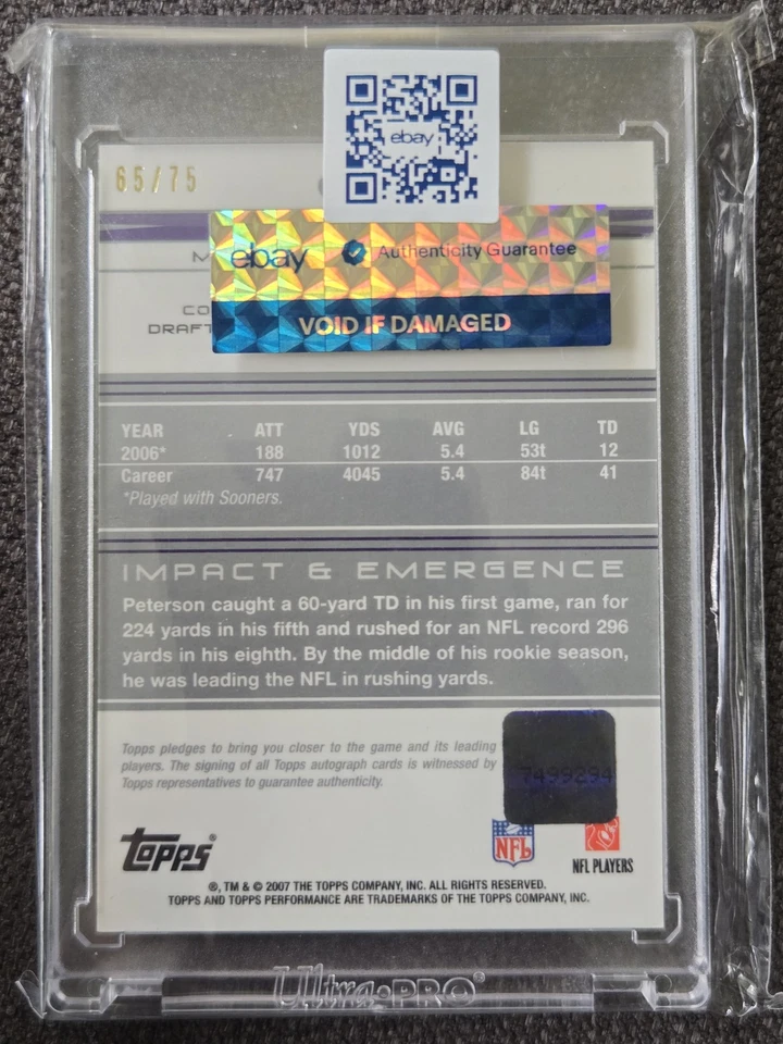 2007 Topps Performance #109b Adrian Peterson Rookie Autographs Silver #/75 - Image 2 of 2