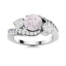 925 Sterling Silver 5MM Round Shape Pink Quartz Three Stone Women Wedding Ring