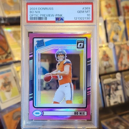 Panini Donruss Rated Rookie Bo Nix #369 Optic Preview Pink Prizm PSA 10