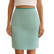 Boden Size 6 Green White Gingham Pattern Pencil Skirt Cotton Knee Length Lined