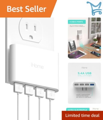 4 Port USB Wall Charger Multiport Flat Plug Fast Charging Travel Power Adapter