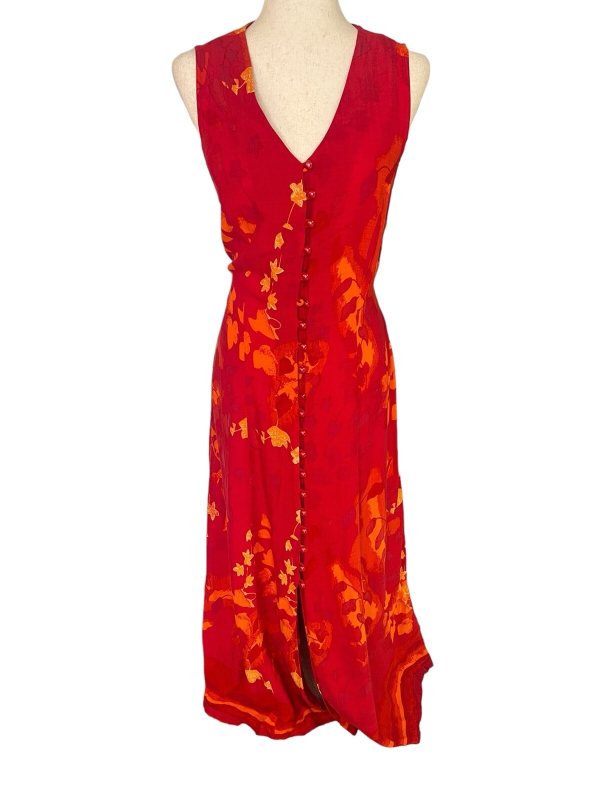 Vtg Maxi Dress Sz 12 Red Leaves Button Front Tie Back Y2K Cottagecore Fire Fairy-image