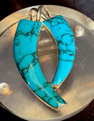 Two Gem Sterling Silver 925 Bright Turquoise Pendant 2.5 
