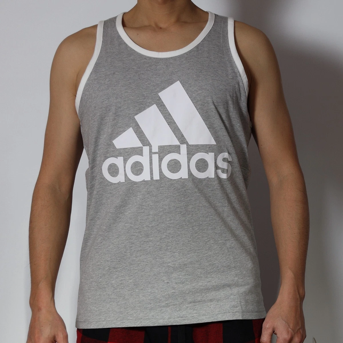 adidas Men s Badge of Sport Classic Tank Top Grey White 100 Cotton Size M L XL