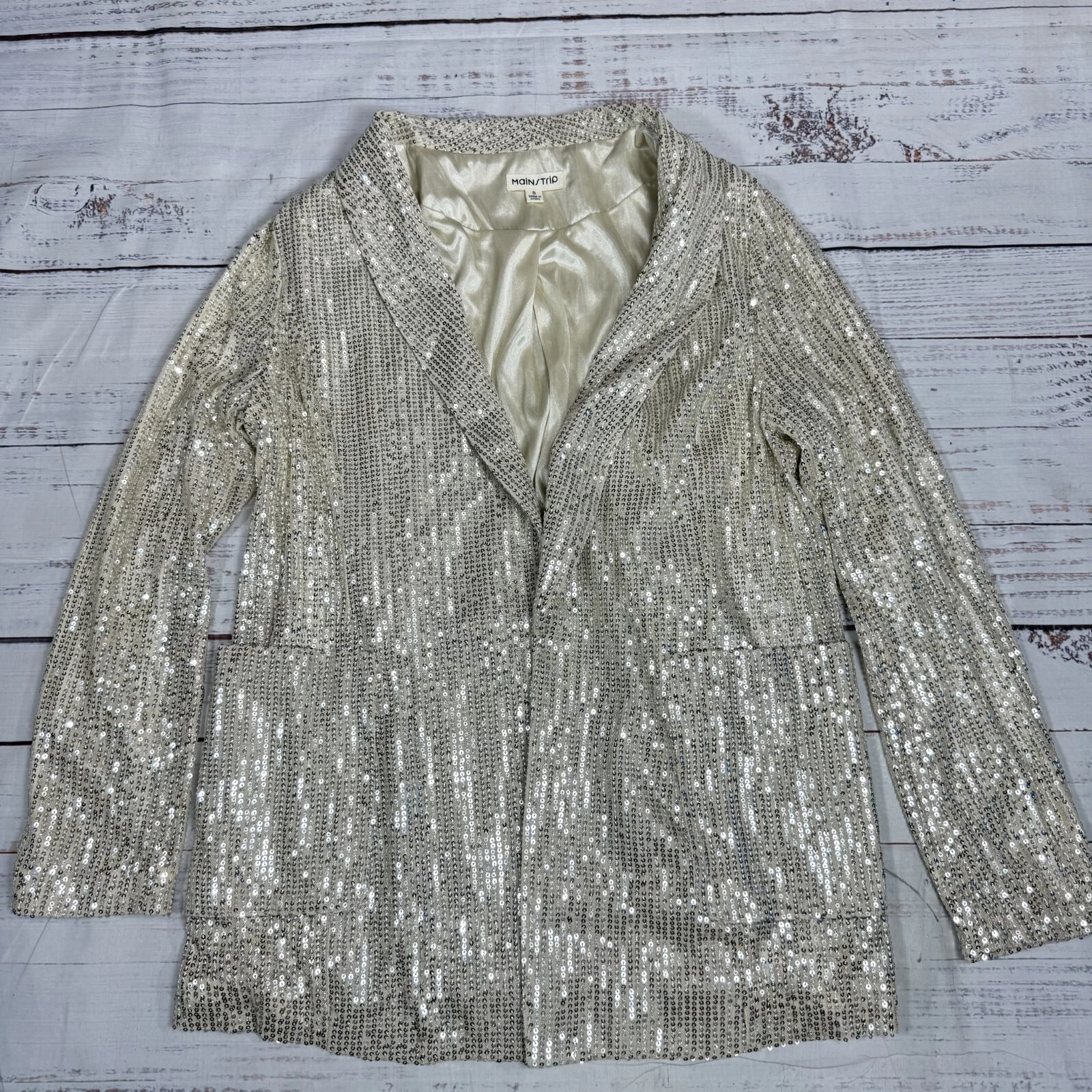 OFF WHITE Blazer Main Strip Off White con paillettes aperto davanti festa cocktail foderato donna taglia S