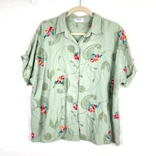 Kindred Womens Floral Embroidered Button Up Shirt Top Size 3X Short Sleeve Boho