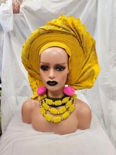 Yellow Auto Gele women Headtie Asoke