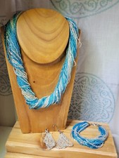 Aqua Silver Tone Seed Bead Jewelry Set 3 Pieces Bracelet, Necklace, Earrings