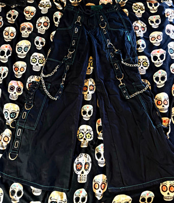 Y2K Vintage Tripp NYC Bondage Pants Black Teal Contrast Stitching Chains