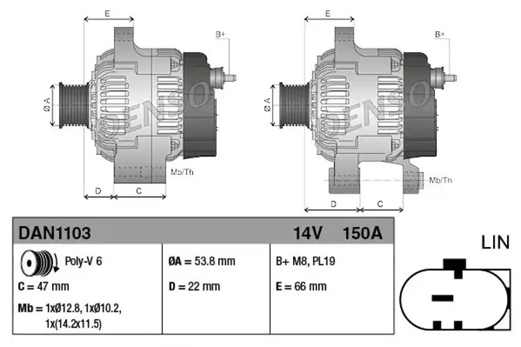 Alternator with multi-belt pulley DAN1103 DENSO for JAGUAR LAND ROVER