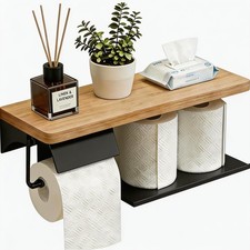 Toilet Paper Holder with Shelf - 2 Tier Wood Toilet Paper Holder Wall Mount f...