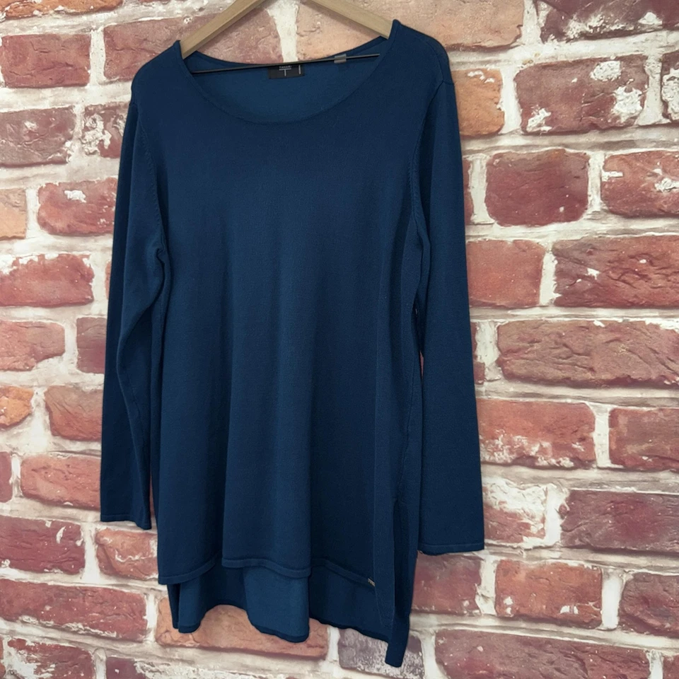 Suéter feminino T Tahari 1X azul-petróleo elástico alto baixo casual malha leve - Imagem 3 de 4