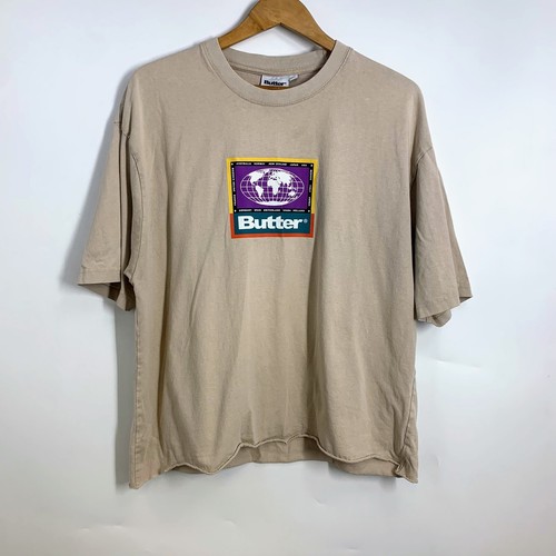 Butter Goods Women's Graphic T-Shirt Tan Globe Logo Short Sleeve Raw Hem Size L