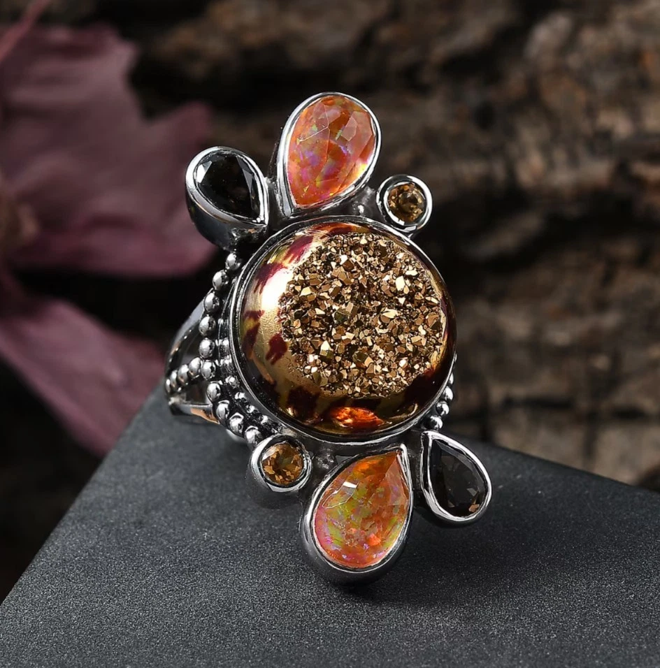 Anillo Sajen Astral Leopardo Oro Ventana Drusy Cuarzo y MultiPiedras Preciosas Talla 8 Plata 925 Foto 2 de 4