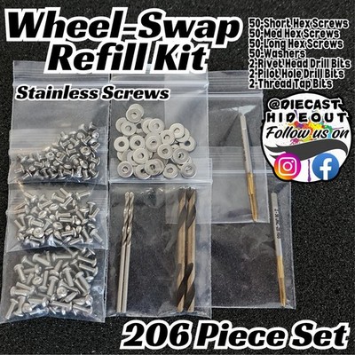 206pc Wheel Swap Refill Kit Stainless Hex Screws for 1/64 Hot Wheels Matchbox