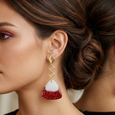 Red White resin gold dangle push back earrings - Tones Verdes Jewelry