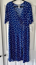Robbie Bee Wrap NEW Dress Size L Pullover Blue Polka dot Spring Short Sleeve NWT