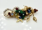 Miriam Haskell Vintage Gold Plated Green Red Blue Glass Flower Brooch Pin