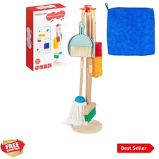 Kids Cleaning Set, 8 Pcs Wooden Housekeeping Play Set Includes Broom Mop Dust...