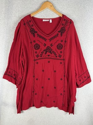 Susan Graver Blouse Womens 2X Red Floral Embroidery Crinkle Boho Tunic 