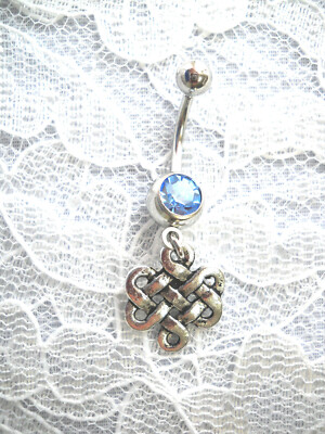 NEW CHINESE SCROLL INFINITY KNOT CHARM ON 14G BABY BLUE CZ BELLY BUTTON RING