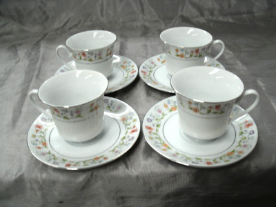Vtg Ashley Overseas ETERNAL LOVE 4 Tea Coffee Cup & Saucer Sets Platinum NEW 4