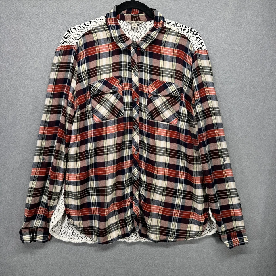 Lucky Brand Shirt Women Size L Crochet Open Back Top Coastal Cowgirl Mixed Media - Image 2 of 4