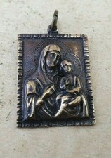 Antiguo ICONO de Bronce -Vintage-Antiguo Raro Siglo XIX Virgen María con Niño