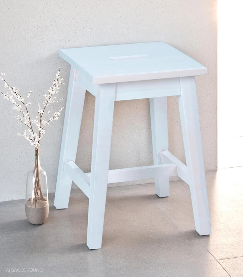 Sitzhocker Holzhocker Küchenhocker Weiß Kiefernholz massiv B 33 x H 45 cm - Bild 2 von 4