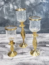 Brass Candlestick Holders Twisted Ribbon Brass Crackle Glass Votives Set Of 3