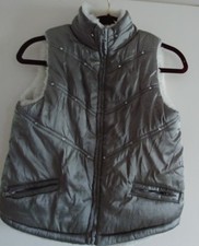 Girls Puffer Faux Fur Trim Grey Metalic Size 10/12 Zip Poly Lined Vest Stones