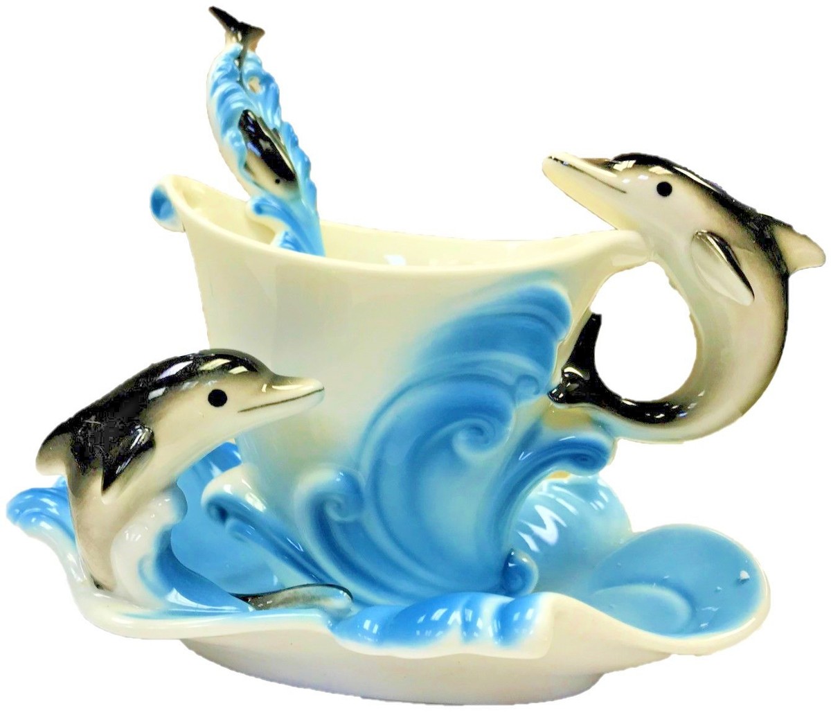 Dolphin Porcelain Coffee Tea Cup Set (3pc/set) For Daily Use, Gift