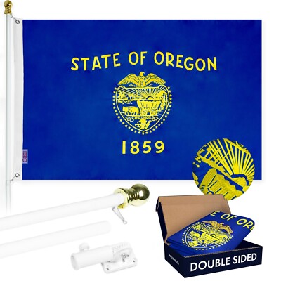 G128 6ft White Aluminum Flagpole & Oregon Double Sided Embroidered 3x5ft