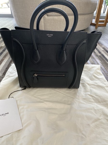 CELINE Luggage Tote Black Pebbled Leather Zip Pocket Silver HW Dust Bag