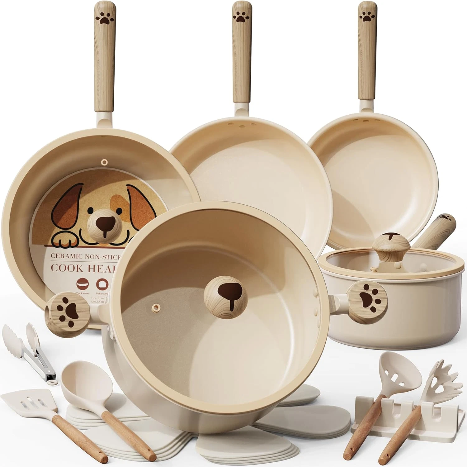 18 Pcs Non-Stick Dog Paw Ceramic Cookware Set - Healthy Induction Kitchen Set
