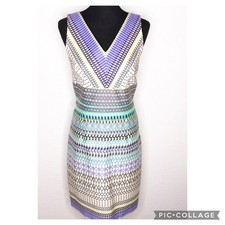 David Meister purple yellow green geometric stripe sleeveless sheath dress 4