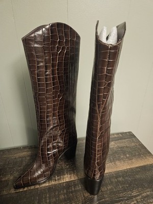 Schutz Women s Size 7.5B Maryana Croc Embossed Leather Knee Boots Dark Chocolate