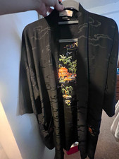 Longevity Black 100 Silk Satin Embroidered Kimono Robe, Unisex Size S