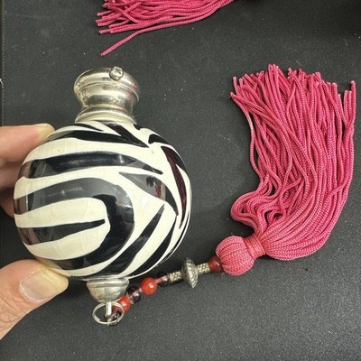 Bombay Company Zebra Print Curtain Rod Finials w Pink Tassels Set of 4 Vintage