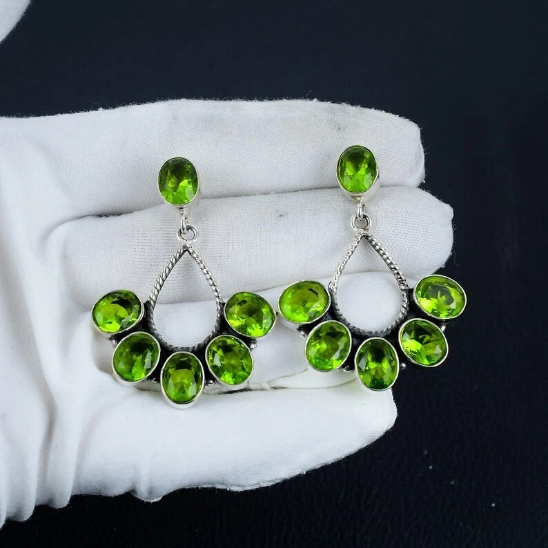 925 Sterling Silver Green Peridot Gemstone Handmade Dangle Earrings Jewelry - Image 3 of 4