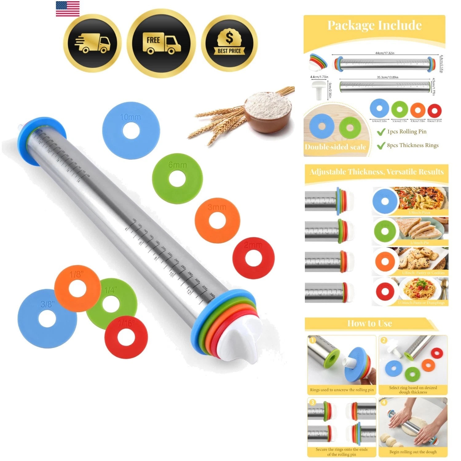 Adjustable Rolling Pin with 4 Thickness Rings for Baking, 17” Stainless Steel...