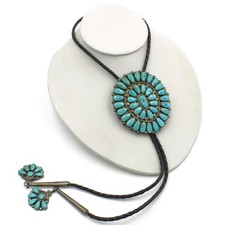 Zuni Signed Doris & Warren Ondelacy Turquoise Petit Point 38in Bolo Tie #S6003-2