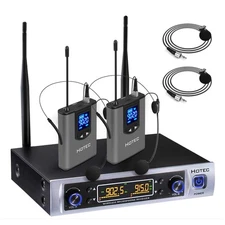 HOTEC UHF Wireless Microphone System with Dual Lapel/Lavalier and Headset Mic...