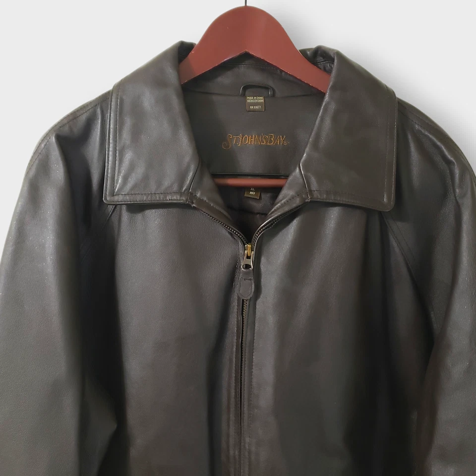 ST John's Bay Mens Leather Bomber Jacket Quilt Lined Drk Brown Sz 80s Classic  - Image 2 of 4