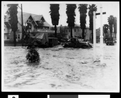 Flooded Intersection Showing Men Standing On Their Automobiles Ca - Old Photo