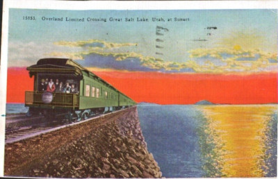 Postcard Train Overland Limited Crossing Great Salt Lake Utah Sunset Linen 1946
